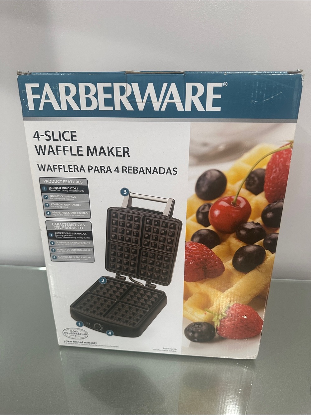 Farberware Teal and White 4-Slice Waffle Maker Packaging